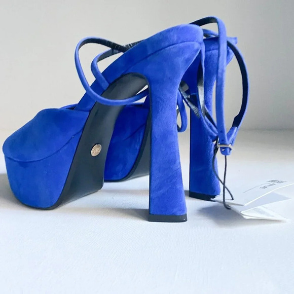 Zara Suede Blue High  Heel Platform Open Tie Tie Ankle Heels 40 - Picture 5 of 8